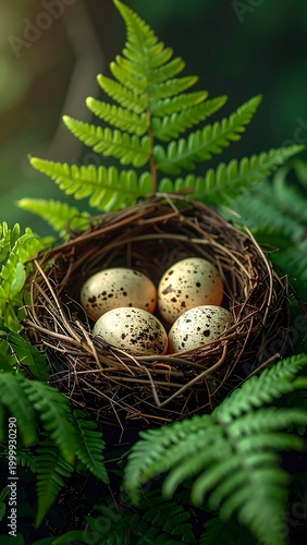 Close-up of bird nest with eggs hidden among green fern leaves in a dark forest environment.
