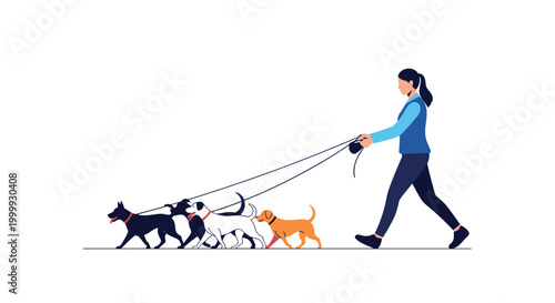 Professional dog walker walking four different breeds of dogs on leashes along a white path in a flat vector style.