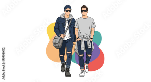 Two fashionable young men in casual street wear walking confidently together against a colorful abstract background.
