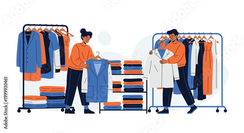 Couple shopping for clothes in a modern boutique with racks of colorful garments and organized shelves of folded items.