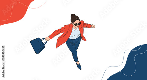 High angle view of a professional woman in a red coat and blue pants walking quickly while carrying a dark handbag.