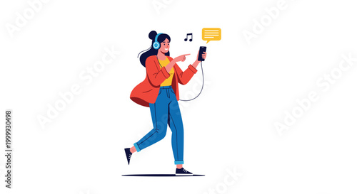 Happy young woman walking and listening to music through headphones while using her smartphone with a message bubble.