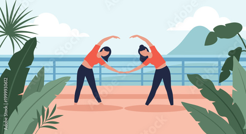 Two fit women practicing yoga on a coastal deck with a beautiful ocean view and green tropical plants in the foreground.