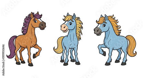 Three cartoon horses standing side by side.