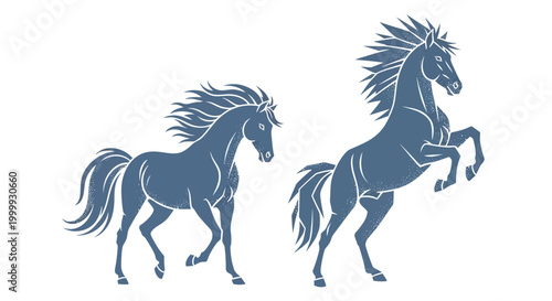 Two horses in dynamic motion stance.