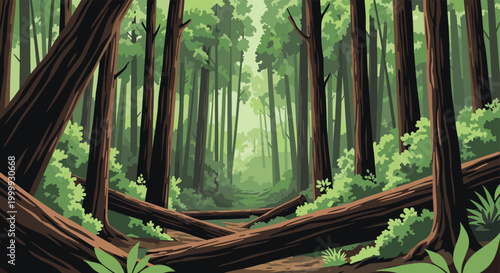 Serene landscape of a dense pine forest with fallen logs on the ground and sunlight filtering through the tall trees.