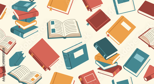 Seamless pattern featuring a variety of colorful books, open and closed, representing knowledge, education, and reading.