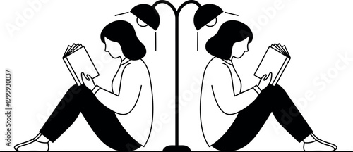 Symmetrical illustration of women reading books under a lamp