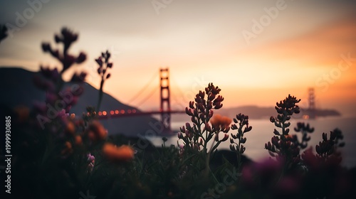 Golden Gate Bridge at sunset seen through wildflowers in San Francisco