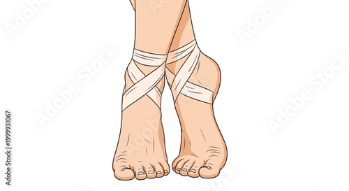 Detailed illustration of human feet with bandages wrapped around the ankles and arches for medical support or injury recovery.