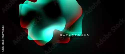 Abstract fluid shapes blend, creating vibrant color gradients. Dark background emphasizes luminous teal, red hues. Modern design element.