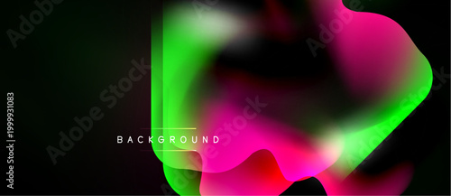 Abstract vibrant shapes blend, creating dynamic colorful background. Gradient hues dominate dark space. Modern design element.