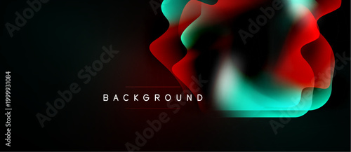 Abstract fluid shapes overlap, creating vibrant red, turquoise gradients. Dark background emphasizes dynamic color play, modern design.