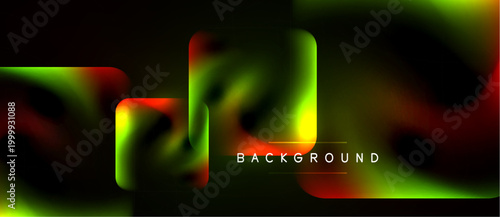 Abstract fluid shapes, vibrant colors blend. Dark background emphasizes glowing neon effect. Modern design, dynamic composition.