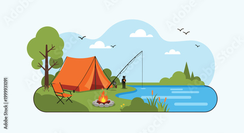 Peaceful camping scene featuring an orange tent set up on a grassy shore by a calm blue lake with a glowing campfire and distant birds.
