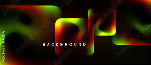 Abstract fluid shapes, vibrant colors, dark background. Modern design, dynamic composition, glowing effects present.