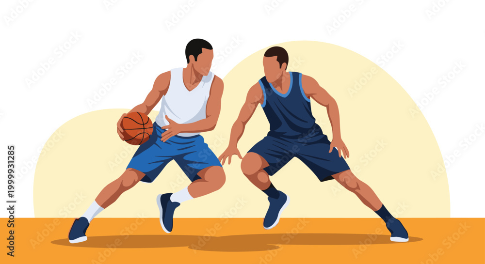 Fototapeta premium Intense basketball action scene featuring two male players competing on a court with one dribbling the ball against a stylized backdrop.