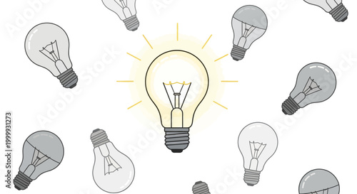 Concept of innovation: one glowing light bulb among many dim ones, representing a unique idea.