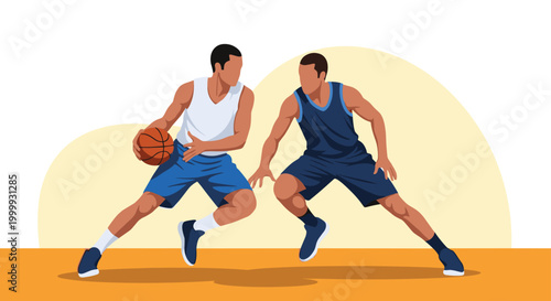 Intense basketball action scene featuring two male players competing on a court with one dribbling the ball against a stylized backdrop.