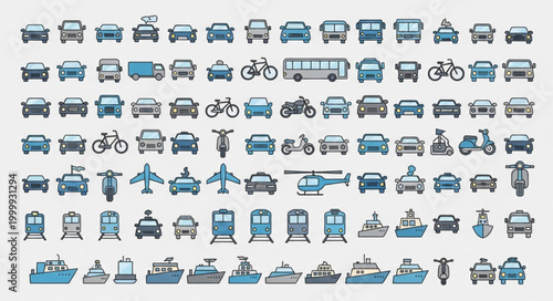 Collection of various transportation vehicles and modes of transport.