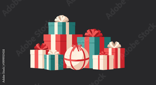 Festive pile of wrapped Christmas gift boxes with colorful ribbons and bows arranged against a dark grey or black background.