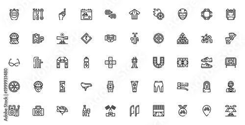 Bicycle racing icon set. Minimalist vector pack. Includes symbols for stopwatch, bike, helmet, jersey, trophy, route, repair tools, speedometer, podium, finish line and more. Editable stroke.