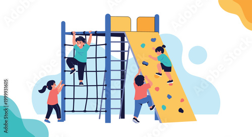Happy group of children enjoying playtime on a colorful outdoor climbing frame and slide at a playground in a park setting.