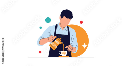 Professional barista in an apron skillfully pouring coffee from a traditional pot into a small cup in a modern cafe setting.