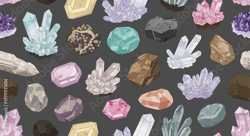Vibrant seamless pattern displaying a various collection of colorful crystals, gems, and rough minerals on a dark grey background.