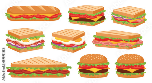 Large collection of diverse sandwiches, baguettes, and burgers with various fillings like meat, vegetables, eggs, and cheese.