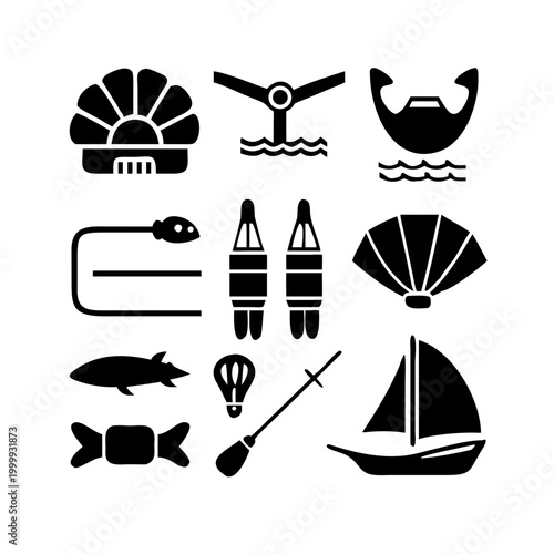 Sea and ocean life icons set with boat, fish, and nautical equipment