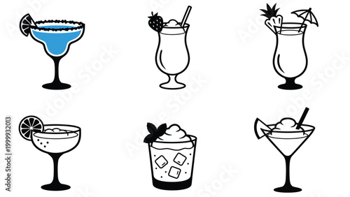 Vector Cocktail Icons Set. Outline illustrations of various alcoholic beverages and mixed drinks with garnishes for menus.