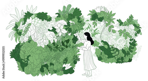 Artistic line drawing of a woman tending to a lush vertical garden wall filled with many types of green plants and leaves.