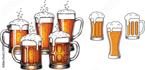Beer mug and glass collection with foam and bubbles, hand drawn vector illustration set featuring lager pints and draft drinks isolated on white background
