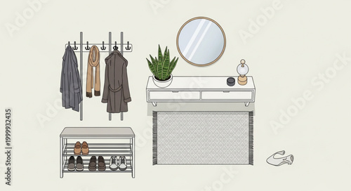 Cozy entryway with coat rack shoe bench and console table.