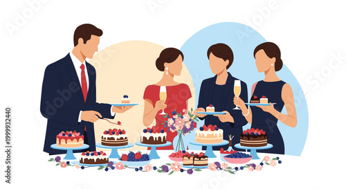 Elegant social gathering of people in formal evening wear enjoying champagne and a large variety of delicious cakes on a dessert table.