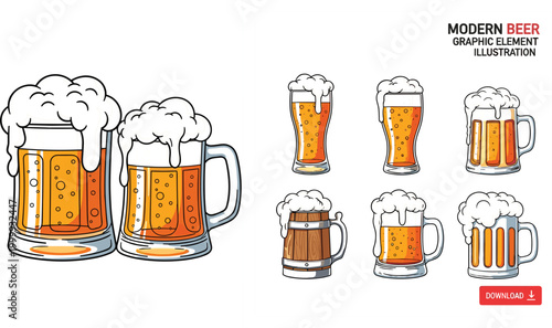 Modern beer glass illustration set with foam and bubbles, hand drawn vector collection featuring lager mugs and pints for graphic design elements