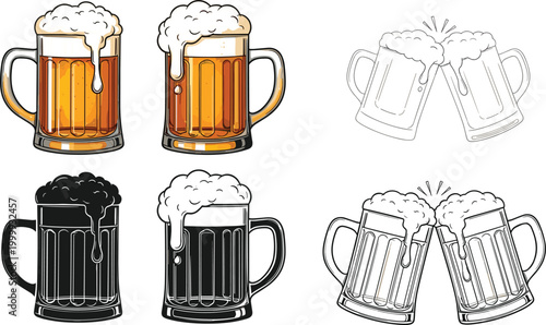 Beer mugs collection with colored, black and outline styles, hand drawn vector illustration featuring clinking glasses with foam isolated on white background