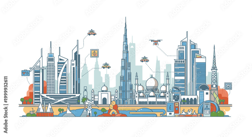 Obraz premium Vibrant cityscape illustration of Dubai's skyline with modern skyscrapers and traditional architecture against a white background.