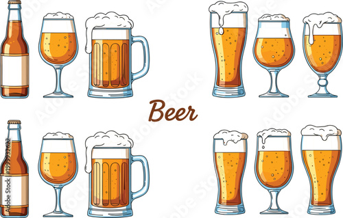 Beer glasses and bottles collection with different styles, hand drawn vector illustration featuring lager mugs, pints and goblets with foam isolated