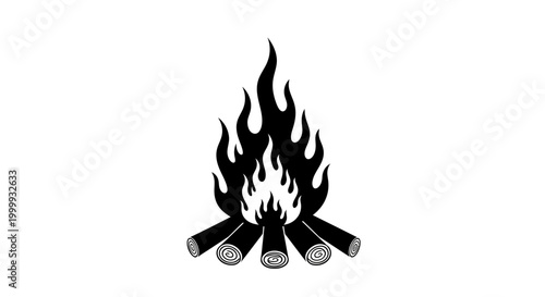 Stylized vector icon of a vibrant bonfire with flickering flames rising from stacked logs, perfect for outdoor adventure and warm camping atmosphere designs