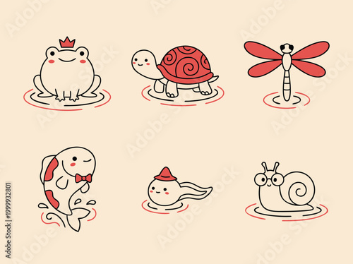 Cartoon Aquatic Animals - Frog, Turtle, Dragonfly, Fish, Tadpole, Snail.