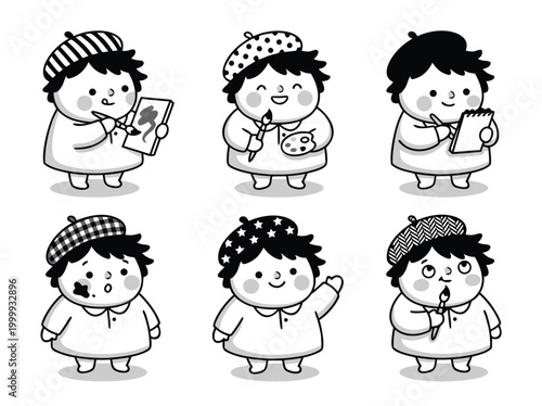 Cartoon Artist Character Set with Beret and Palette.