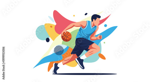 Professional basketball player dribbling an orange ball against a dynamic background of colorful abstract shapes and fluid geometric patterns.