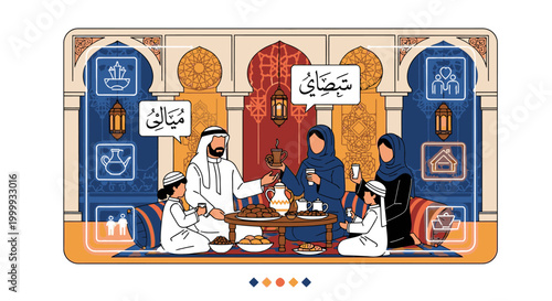 Illustration of a group of Middle Eastern men in traditional attire gathered around a table in a colorful room with Arabic calligraphy and geometric patterns.