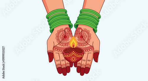 Illustration of hands with henna holding a lit diya lamp.