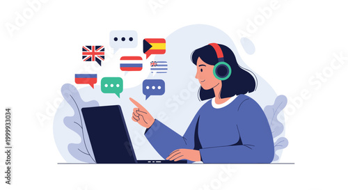 Young woman wearing headphones uses a laptop to learn foreign languages online while speech bubbles with different country flags float around.