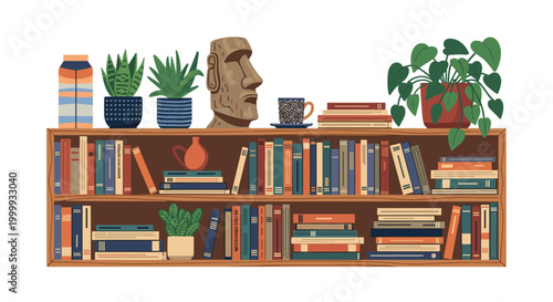 Cozy wooden bookshelf filled with many colorful books, decorative indoor plants, a stone statue, and a coffee cup for a study room.