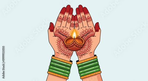 Woman hands with henna holding a lit diya lamp.