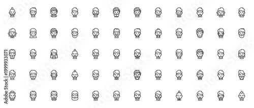 Facial Hair icon set. Minimalist vector pack. Man face collection with beard styles. Featuring mustache, goatee, stubble, hair and more. Editable vector stroke.